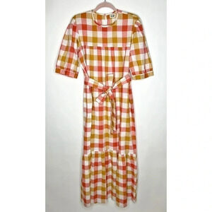 Little Tienda Maxi Dress Orange Yellow Check Gingham Print Belted Size Small